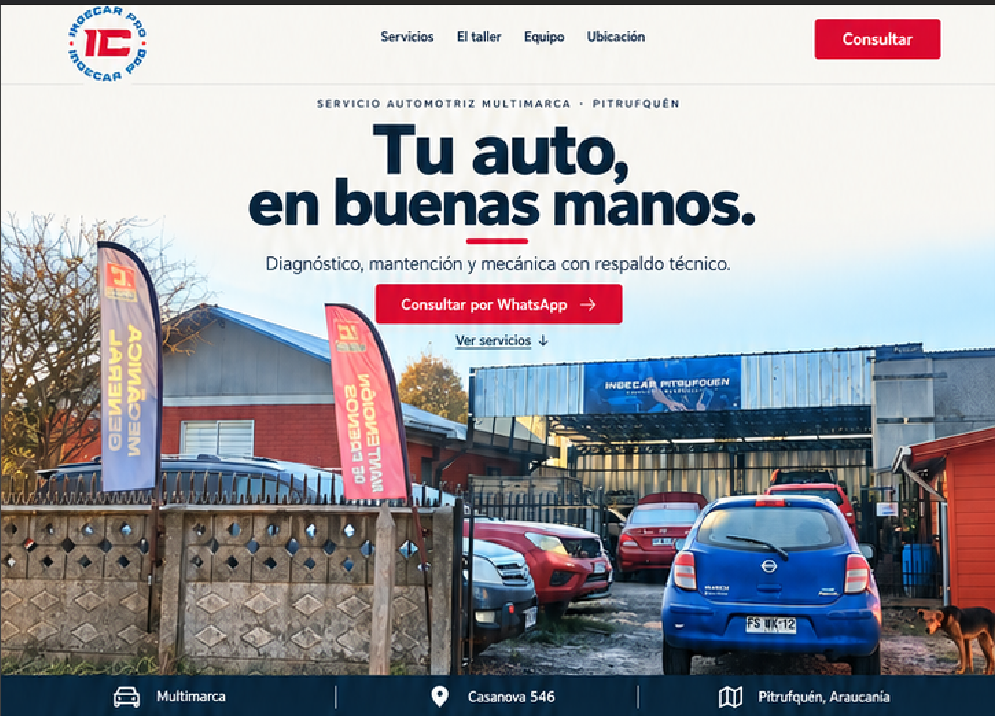 Fachada de Ingecar Pro en Casanova 546, con acceso al taller y vehículos en atención